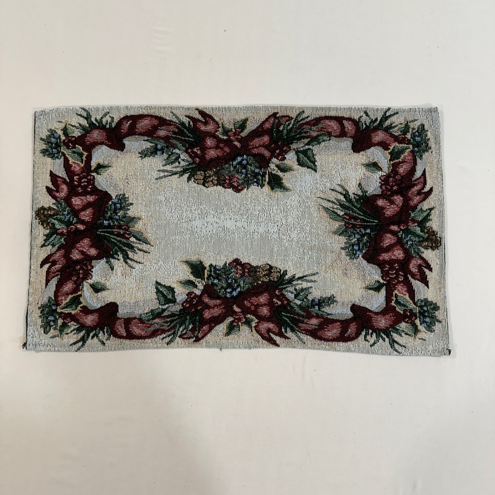 Vintage Christmas Tapestry Placemats Set of 4 Ribbon Pine Holiday 18.5x11